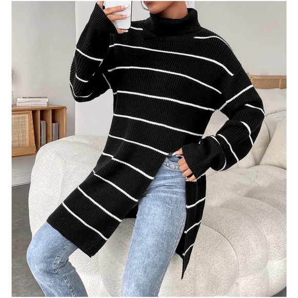 Cozy Stripes Turtleneck Slit Oversized Sweater Top - Picture 2 of 7